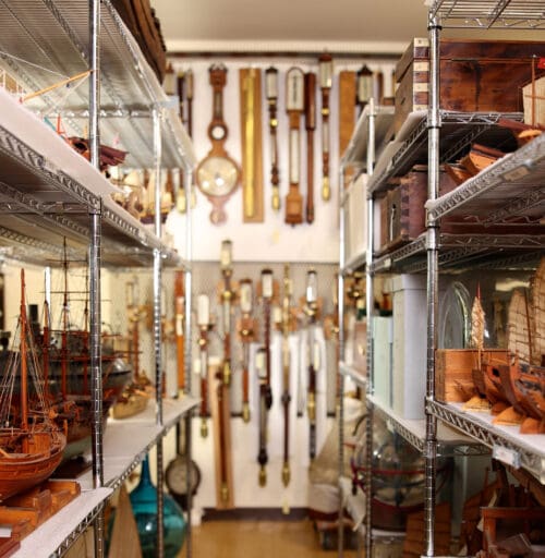 Items hanging from walls and shelves in a Mariners' Collection room.